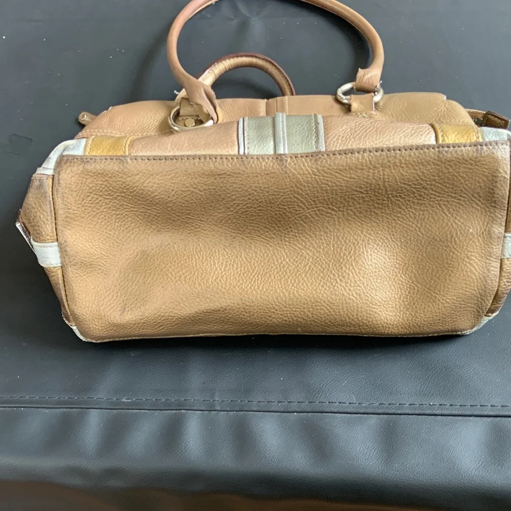 Tignanello Leather Tote Bag Brown Gold Silver Striped Shoulder Bag